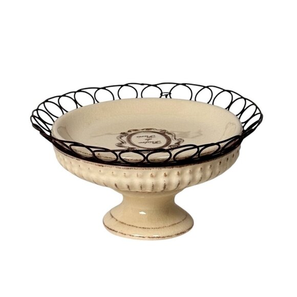 Vintage IMAX Serving Dish Cake Stand Cream Brown French Country Cottage Ceramic - Picture 2 of 10